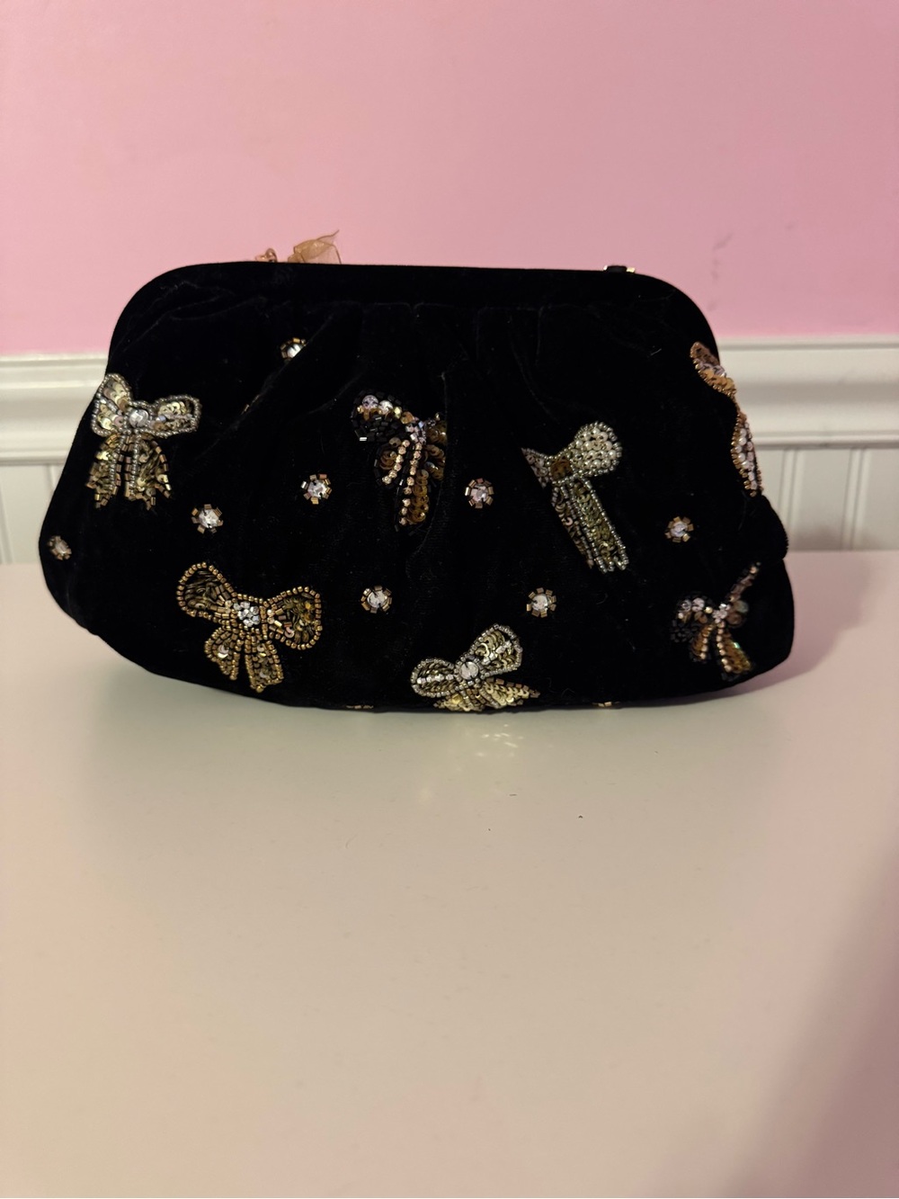 Black Velvet Beaded Bow Evening Clutch